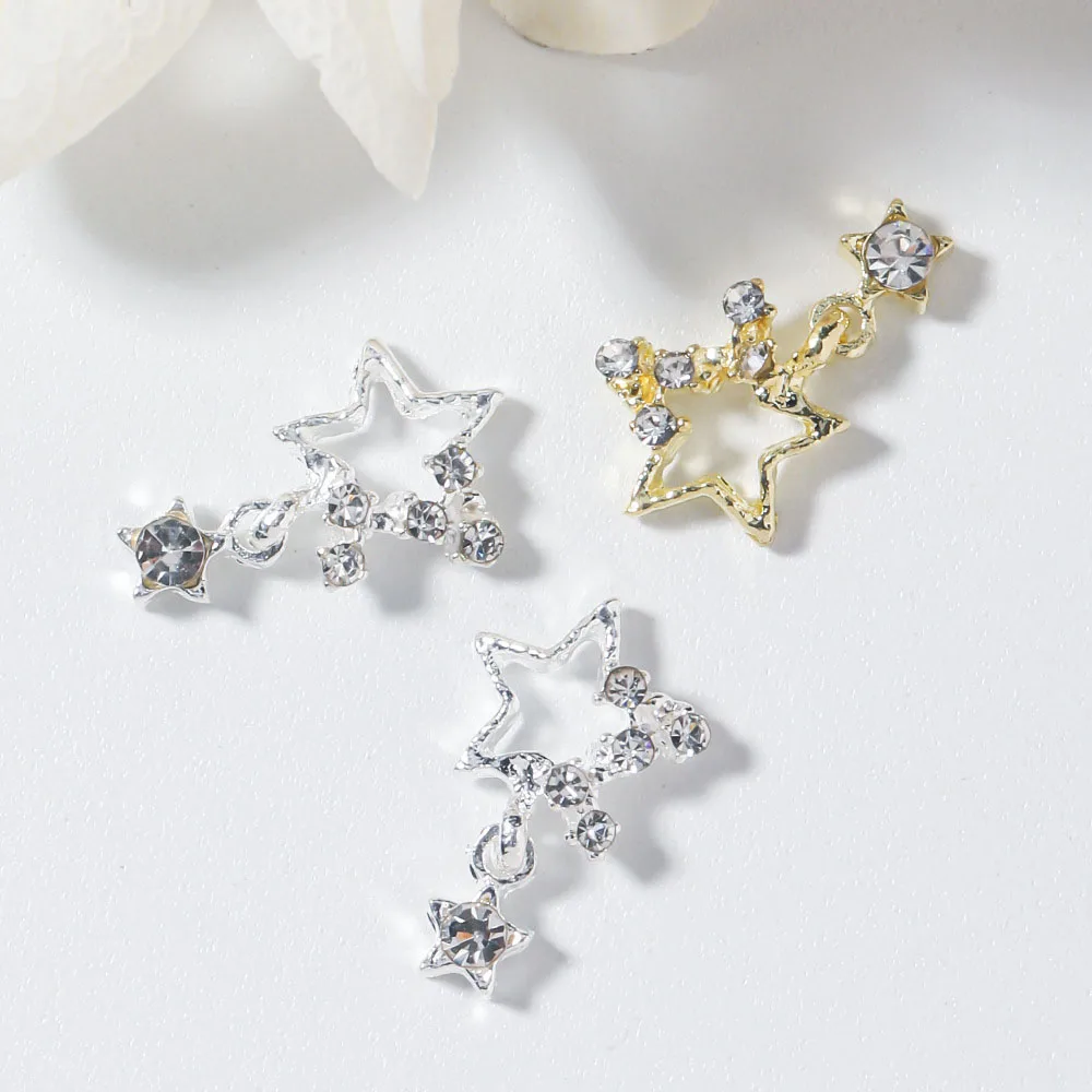 10pcs Gold/Silver 3D Star Nail Charms Hollow out Gems Crystal Decoration for Manicure DIY Shinny Starlight Y2K Supplies Parts