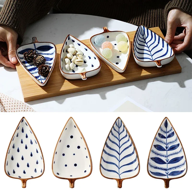 Japanese Ceramic Appetizer Serving Plates Hand-painted Underglaze Leaf Design Sauce Dishes for Sushi Salads and Condiments