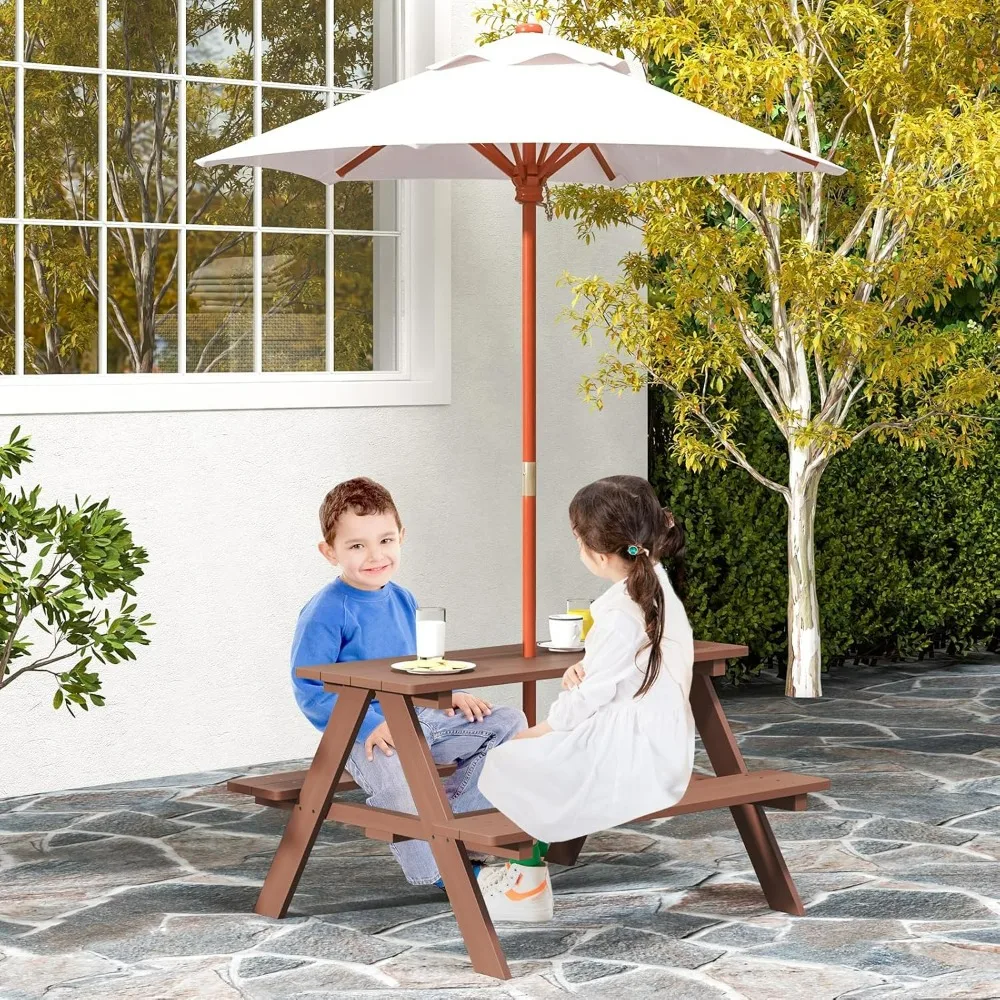 Wooden Childrens Table & Bench Set with Removable Umbrella, Kids Patio Furniture for Backyard, Garden, Kids Table