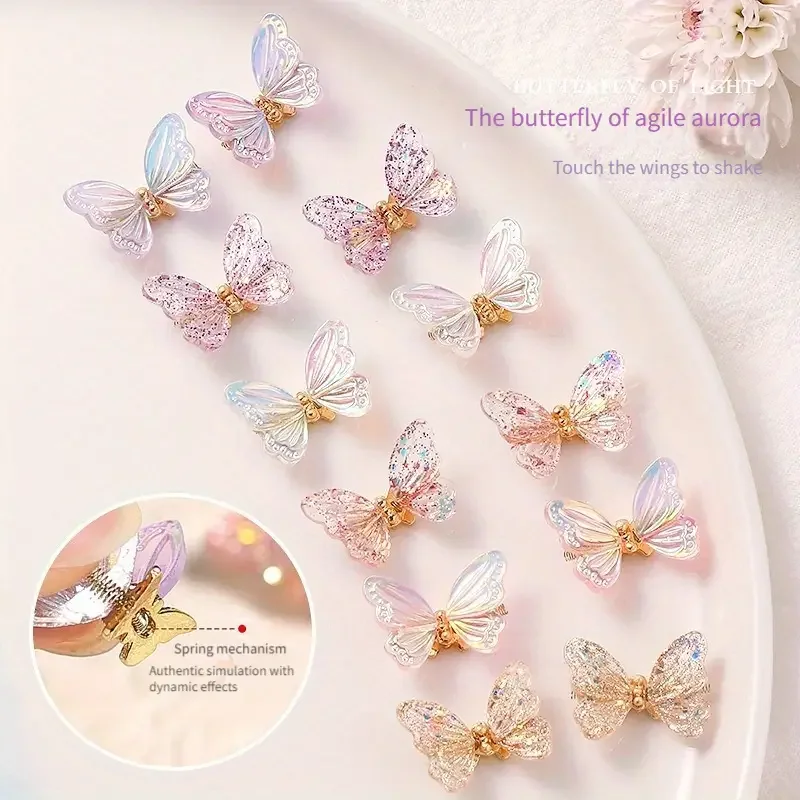 3Dダイナミックバタフライネイルアクセサリー3点セット、輝くINS風オーロラバタフライアクセサリー、50個のマルチカラー混合新作リボン