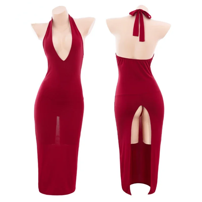 

Sexy Halter Backless Long Dress for Women Red Rose Goddess Uniform Cosplay Costume Nightdress Hollow Underwear Roleplay Costume