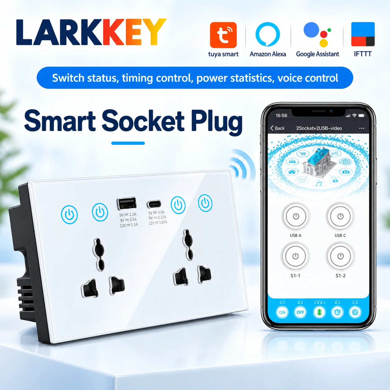 WiFi Smart Wall Sockets with USB Type-C Fast Charging Touch Switch Multifunction Electrical Outlets Timing Smart Home Products