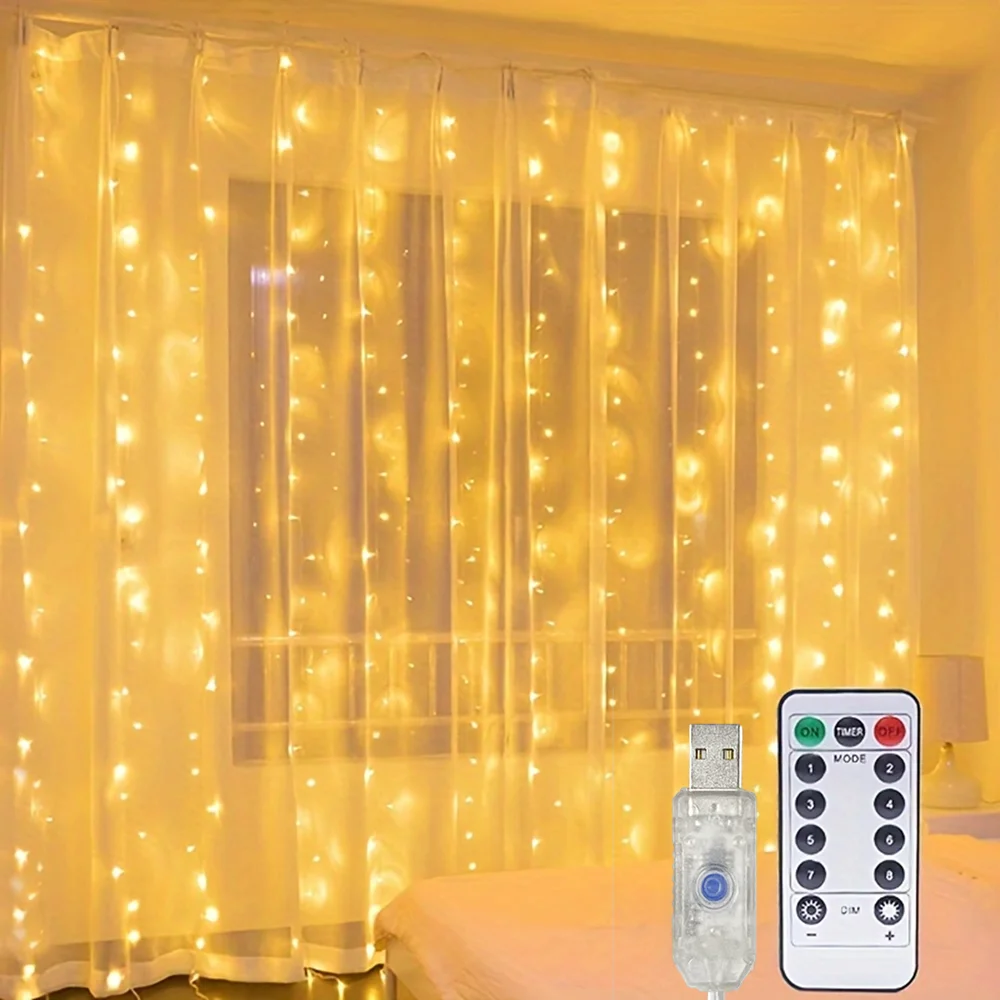 8 Modes Light LED Garland Curtain Light String Christmas Bedroom Home Decoration USB Power with Remote Control for Wedding Party