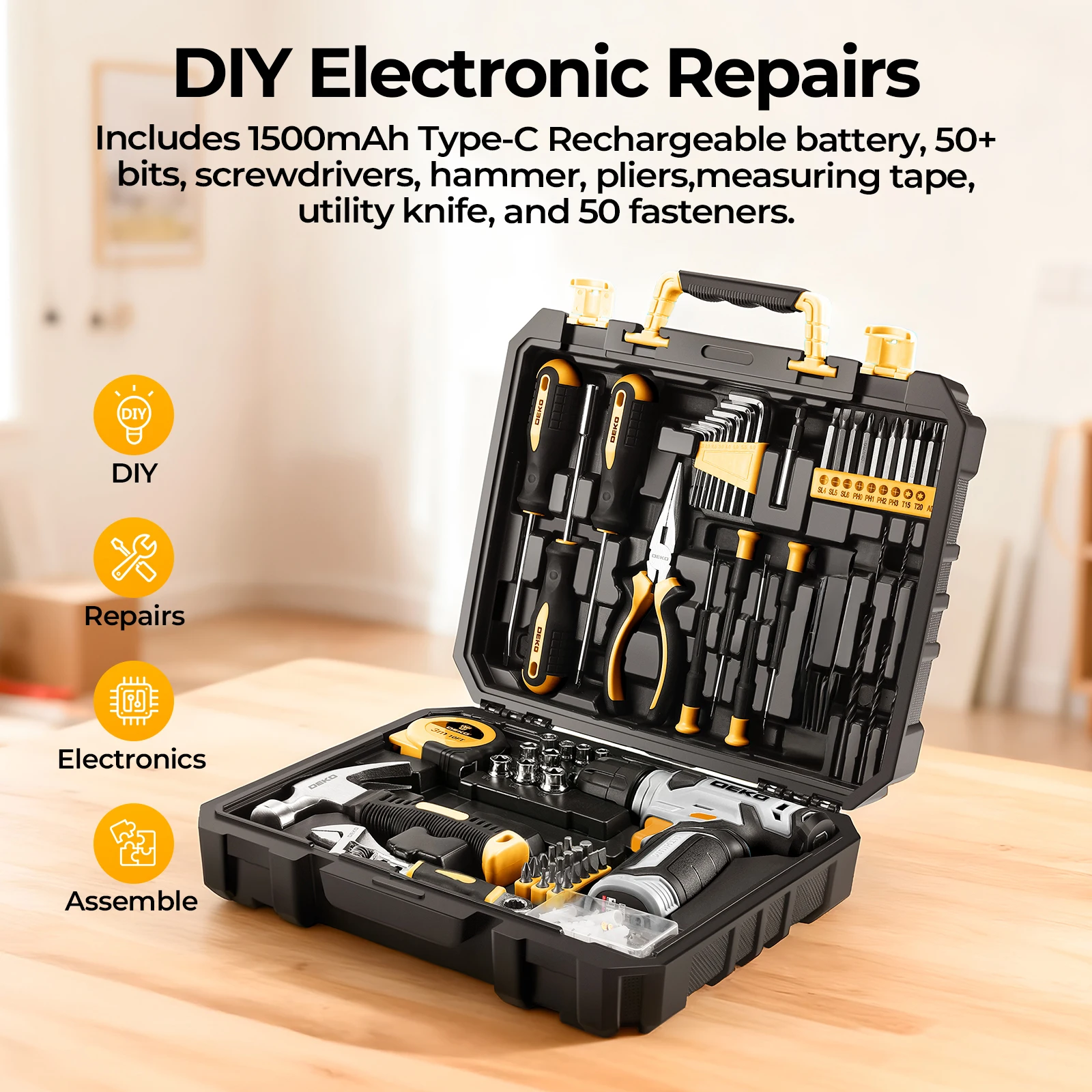 

DEKO Power Tool Box Set With 8V Cordless Drill / Driver, Hammer, Wrench, Screwdriver | NO Knife | All in One Hand Tools kit | Household Tool Set | Electric Drill Tool Kit | for Garden, DIY, Home Repairs | Father's Day Gift