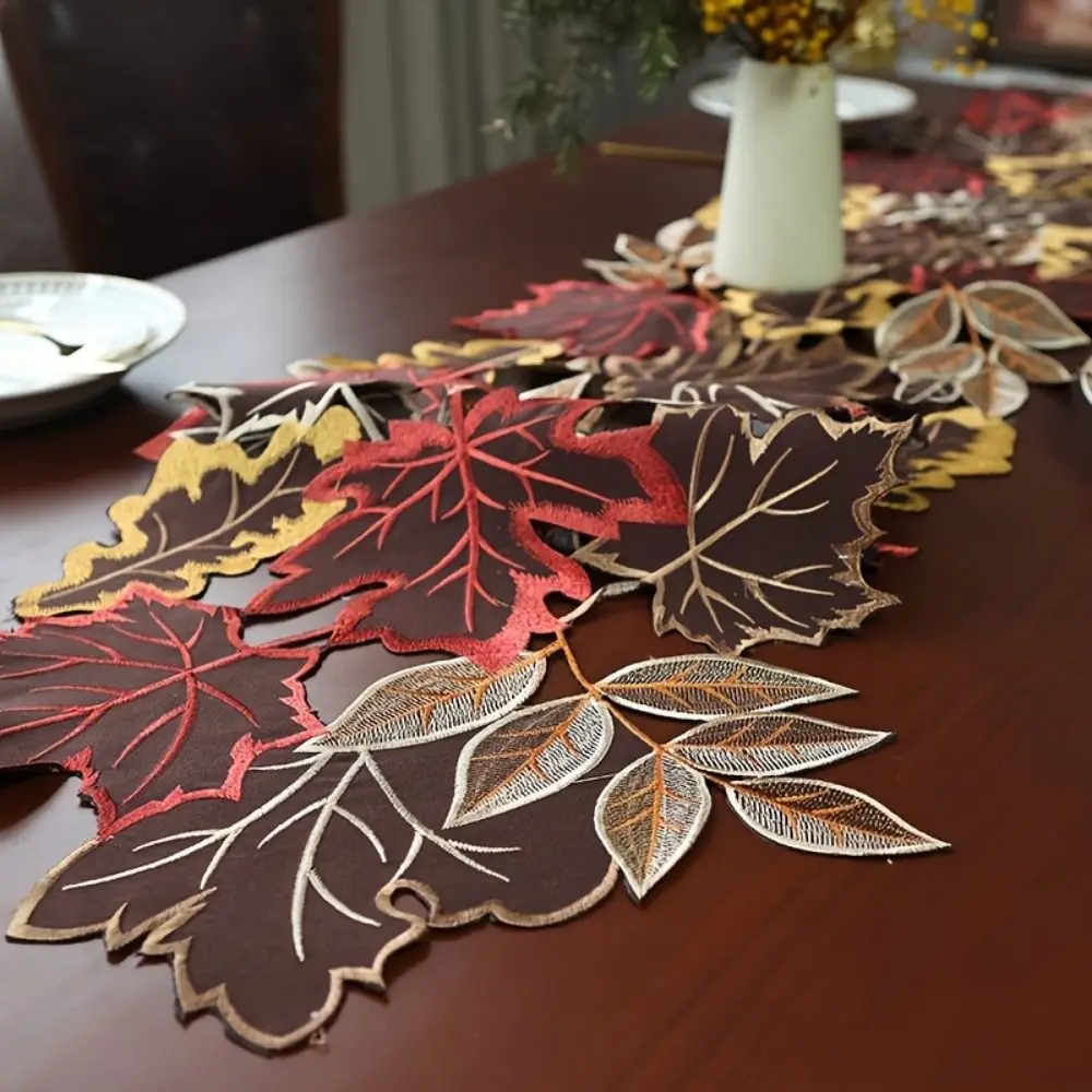 Rustic Maple Leaf Embroidered Table Runner Multicolor Hollow Dinner Mat Leaf Pattern Tabletop Placemat Autumn Themed