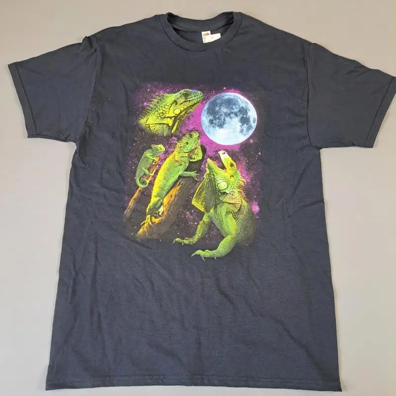 Fruit Of The Loom Lizard Moon PrinT T Shirt Medium Black Iguana Chameleon