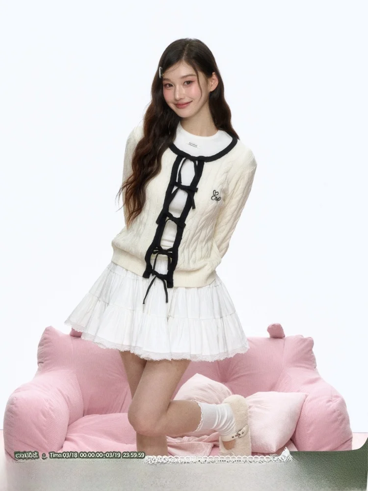 

Sweet Loose Knitted Sweater for Women with Ribbon Bow Spring Cardigan Knitwear Comfortable Breathable Korean Sle Commute