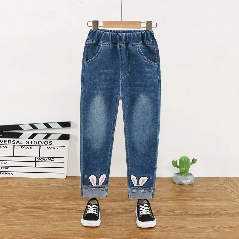 Spring Autumn Baby Girls Denim Pants Cartoon Embroidered Rabbit Children Girls Jeans Elastic Waist Kids Girls Trousers 100-160cm