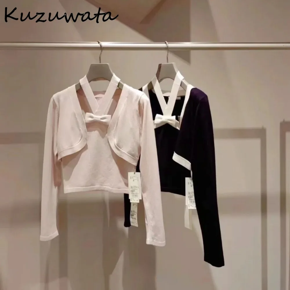 Kuzuwata New Sweet Panelled Bow Halter Sets Sling+casual V Neck Long Sleeve Patchwork Cardigan Japan Knit All-match Suits Jumper