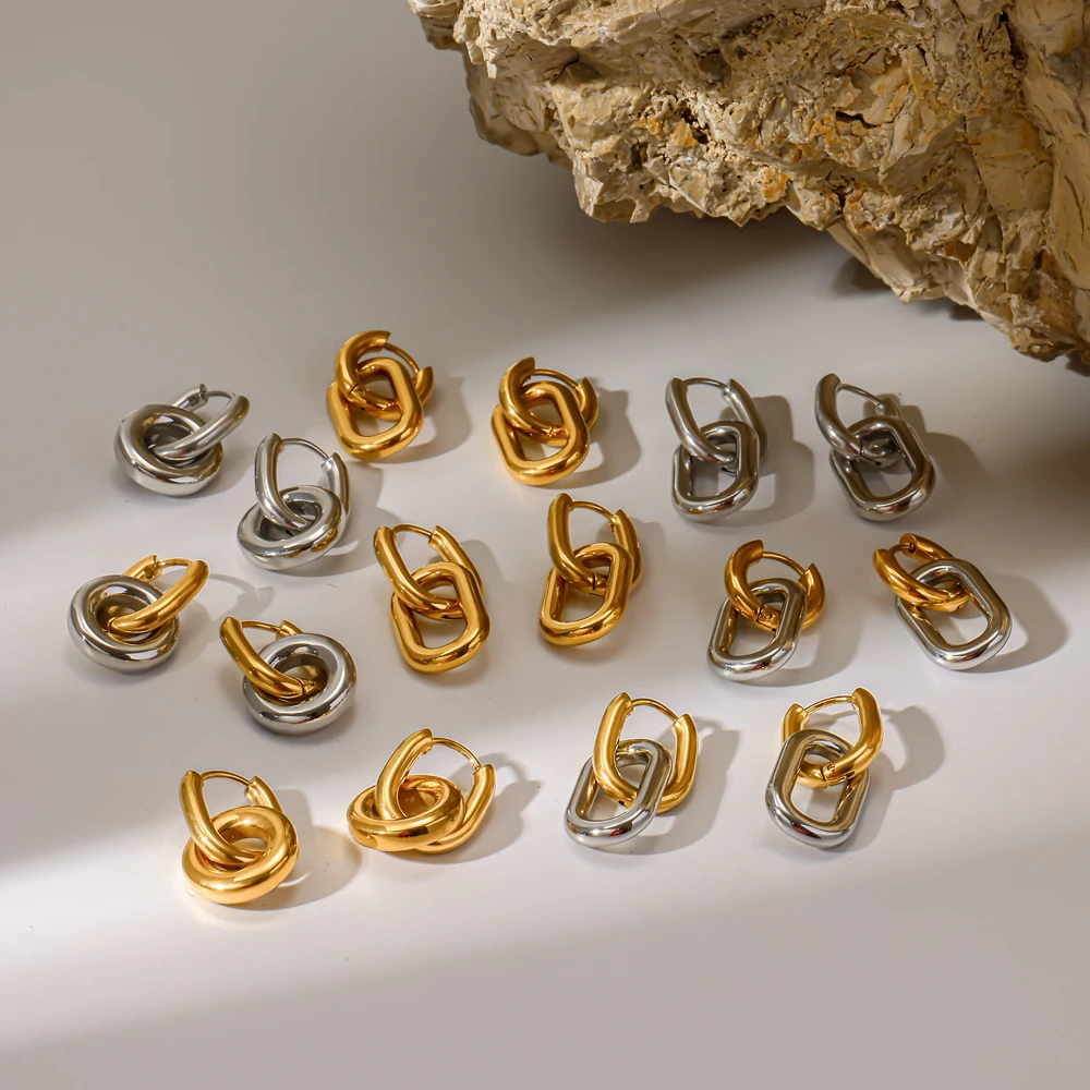 18K Goldfarben Beschichtete Glänzende Edelstahl Geometrische Doppelring-Ohrringe für Damen Wasserfester Modeschmuck – Detail 4