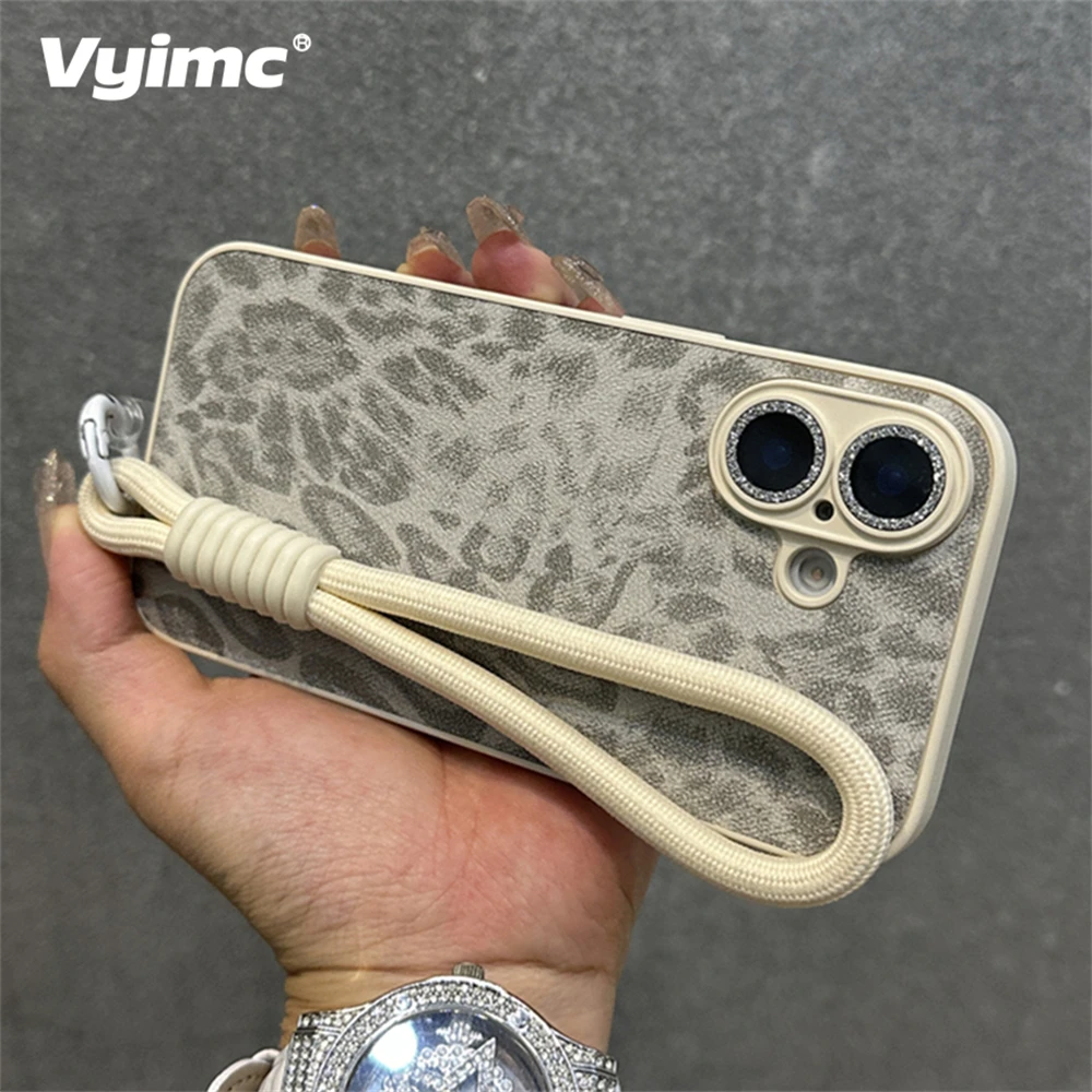 Luxury Leopard Print Leather Texture Phone Case For iPhone 15 14 13 12 11 16 Pro Max Plus With Wrist Strap Camera Protect Cover