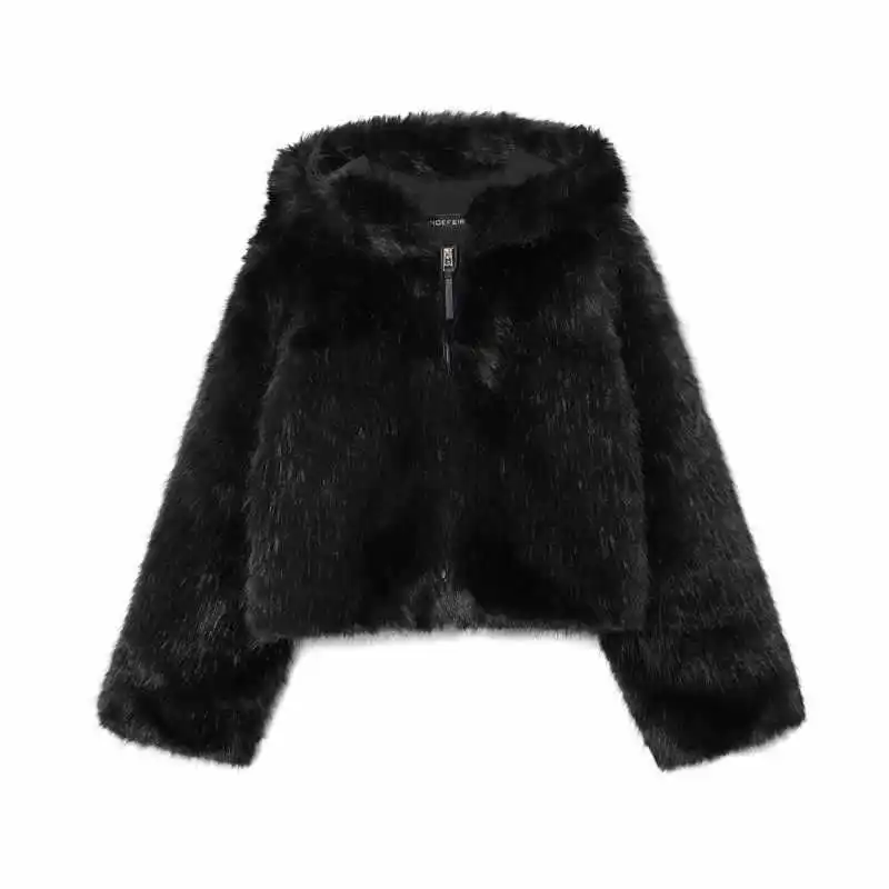 

ZXRYXGS 2025 New Autumn Winter Fashionable Coats Black Jackets Versatile Loose and Slimming Hooded Faux Fur Jacket