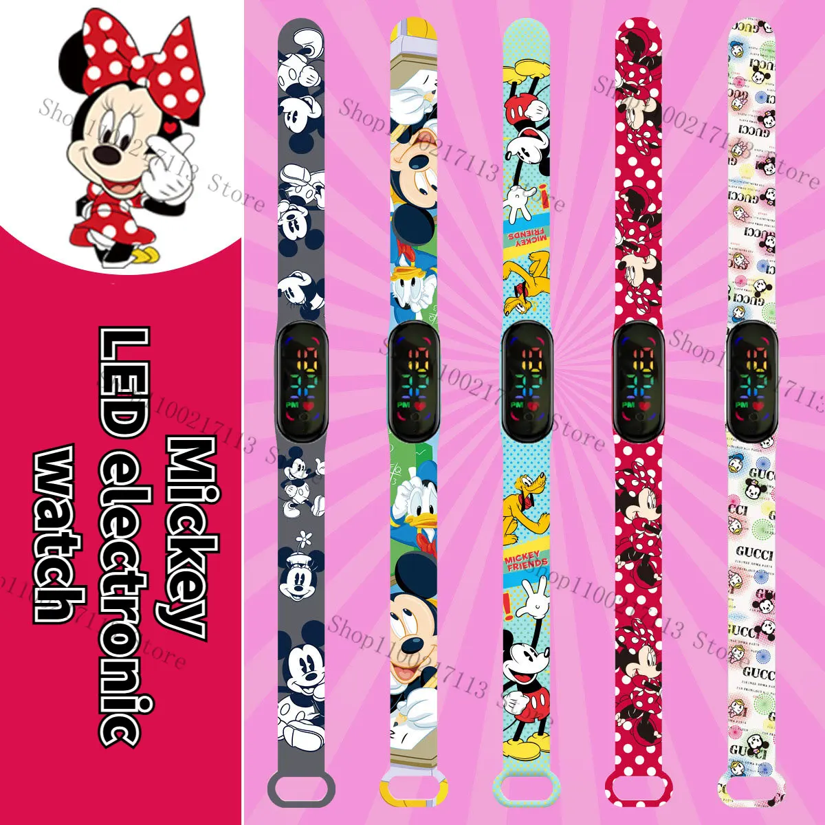 Disney Mickey Minnie Children's Watch Anime action figure cute Print LED Electronic Waterproof Sports Bracelet Watch kids gifts