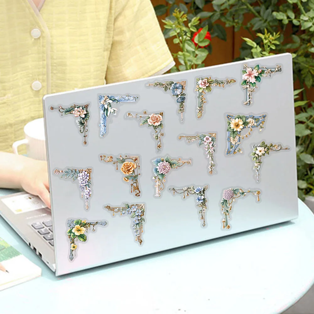 50 stücke Retro Blume Rahmen PET Aufkleber Aufkleber Für Telefon Laptop Notebook Kühlschrank Gitarre DIY Ästhetische Transparente Aufkleber – Detail 15