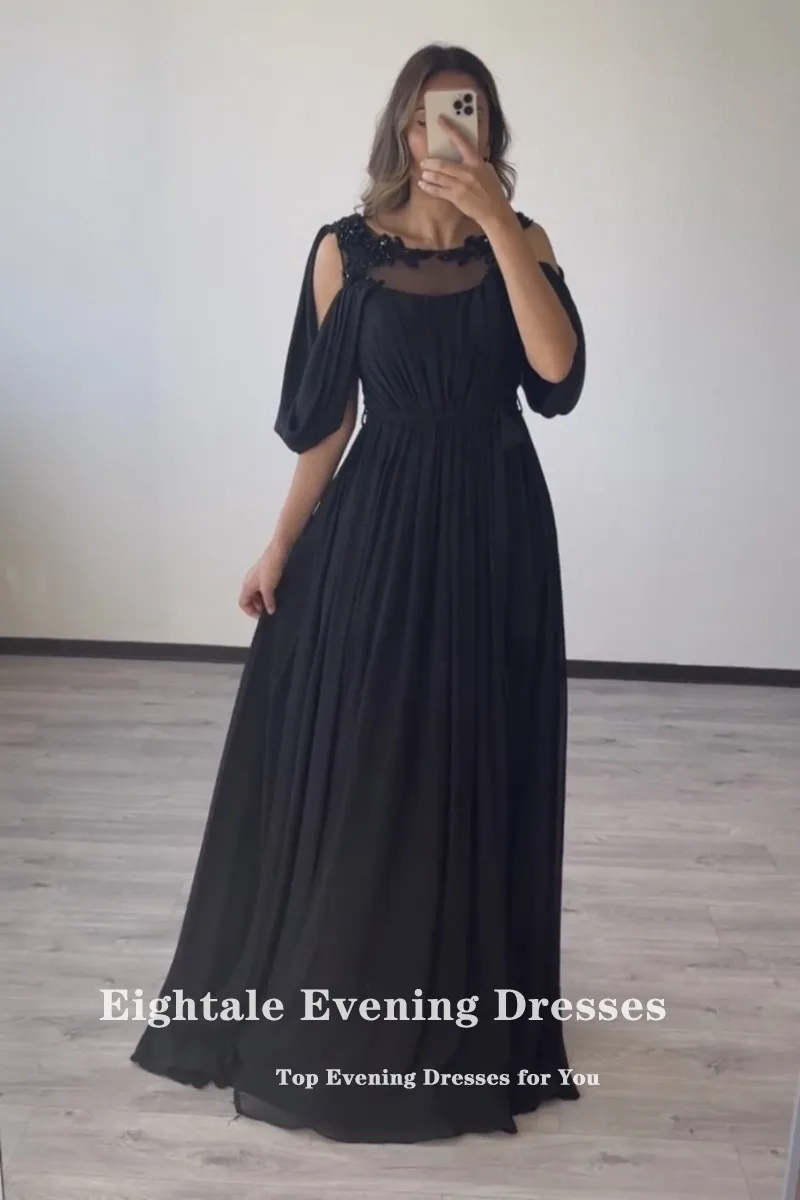 Abiti da sera da donna formali ottavi lunghezza del pavimento arabo Appliques o-collo nero a-line abiti da ballo per feste robe de soirée