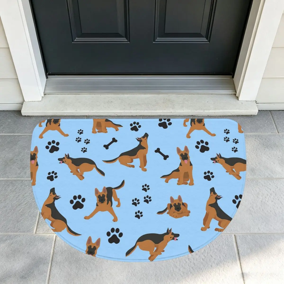German Shepherd Pattern In Blue Soft Flannel Half Round Doormat Non Slip Bathroom Mat Absorbent Floor Carpet for Garage