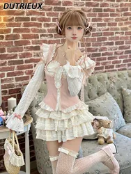 Sweet Girl Square Collar Long Sleeve Slim-Fit Tops Cute Princess Cake Puff Short Skirt Spring and Summer Two Piece Set