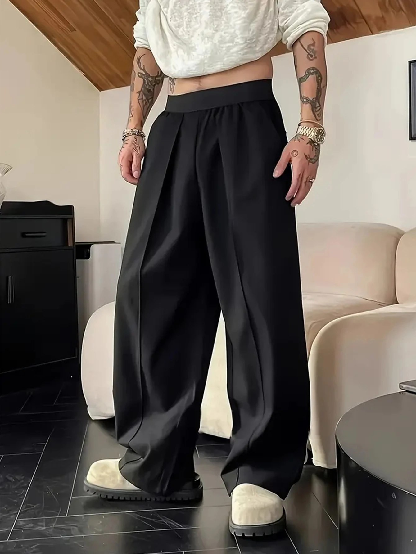 Men's Casual Long Pants, Fashionable Simple Straight Leg Wide Leg Loose Fit Solid Color Regular Length with Pockets for Adults