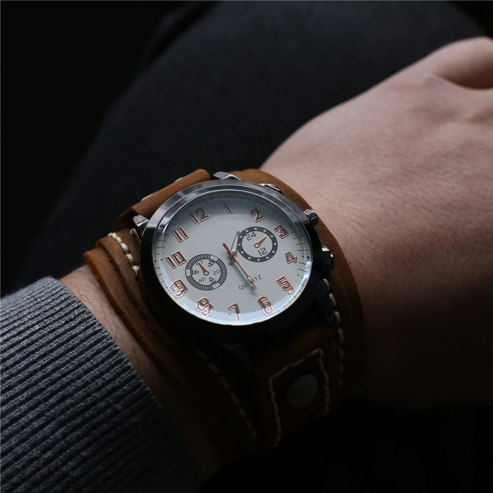 Punk Electronic Pointer Quartz Watch Bracelet Men Brown Black Wide Genuine Leather Belt Strap Homme Male Jewelry