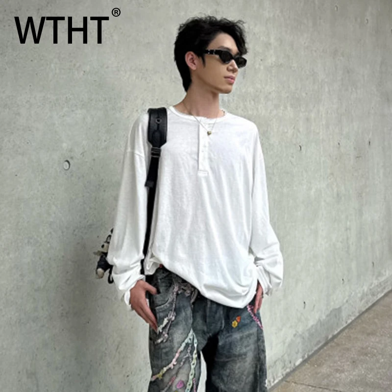 

WTHT Trendy New 2025 Autumn Men's Solid Color Button Loose T-shirts Fashion Round Neck Long Sleeves Casual Tops Male 2A1672