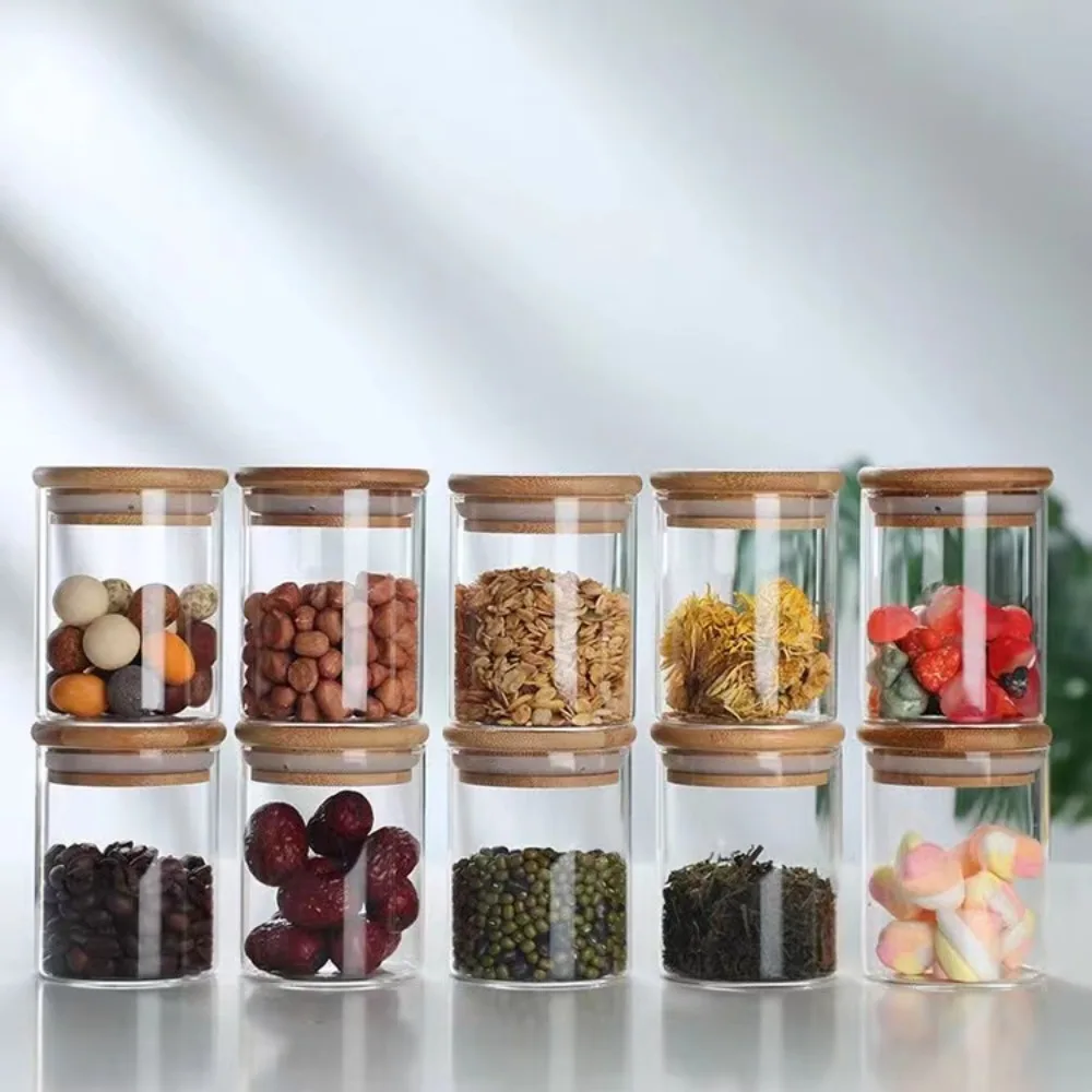 Glass Food Storage Tank with Made of bamboo Lid Kitchen Coffee Beans Candy Tea Grains Canister Home Snacks Storage