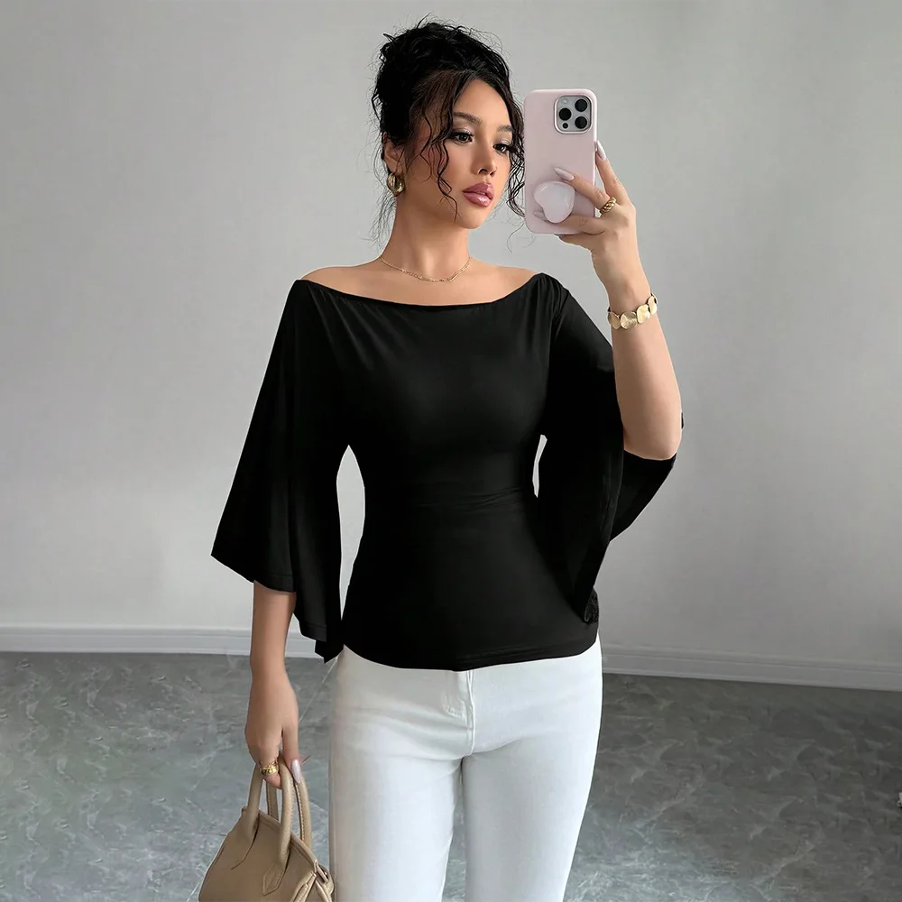 Retro Elegant Goddess Black Off Shoulder Lantern Sleeve Fitted Waist Top Women