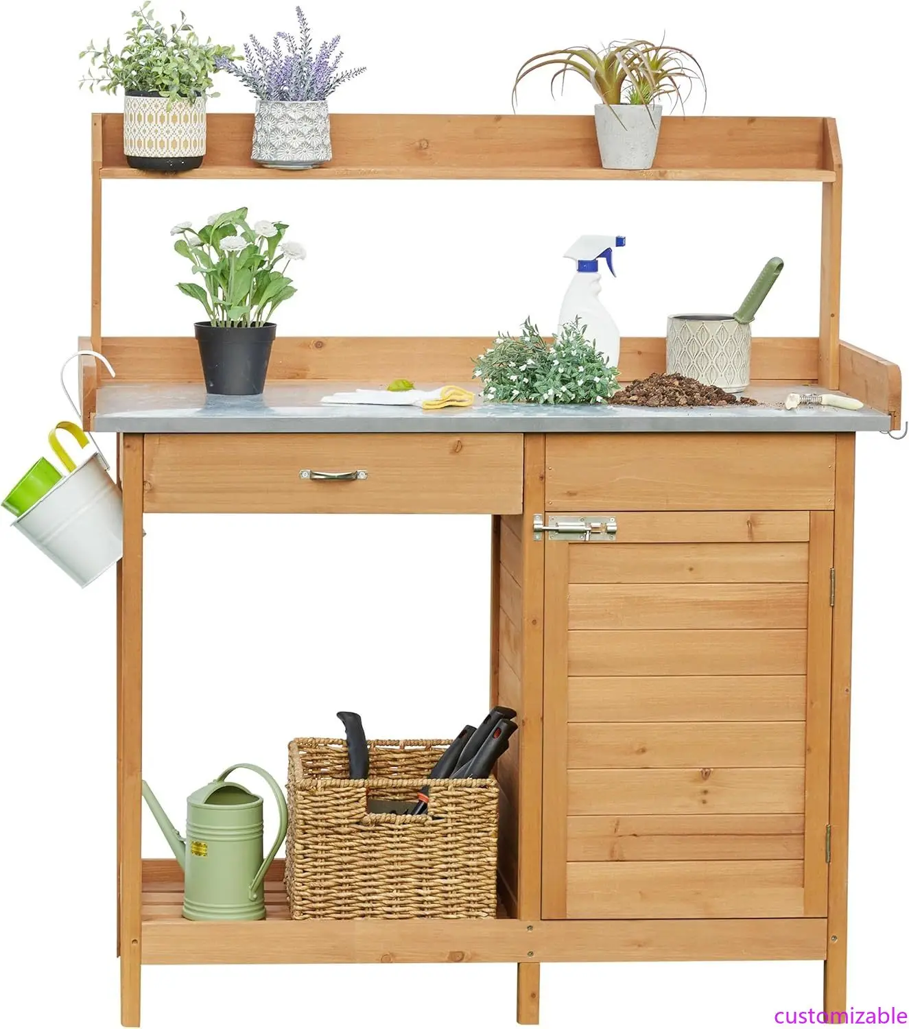 Garten-Topfbank für den Außenbereich, Tisch-Werkbank, Metall-Tischplatte mit Schrank, Schublade, offenes Regal, Naturholz