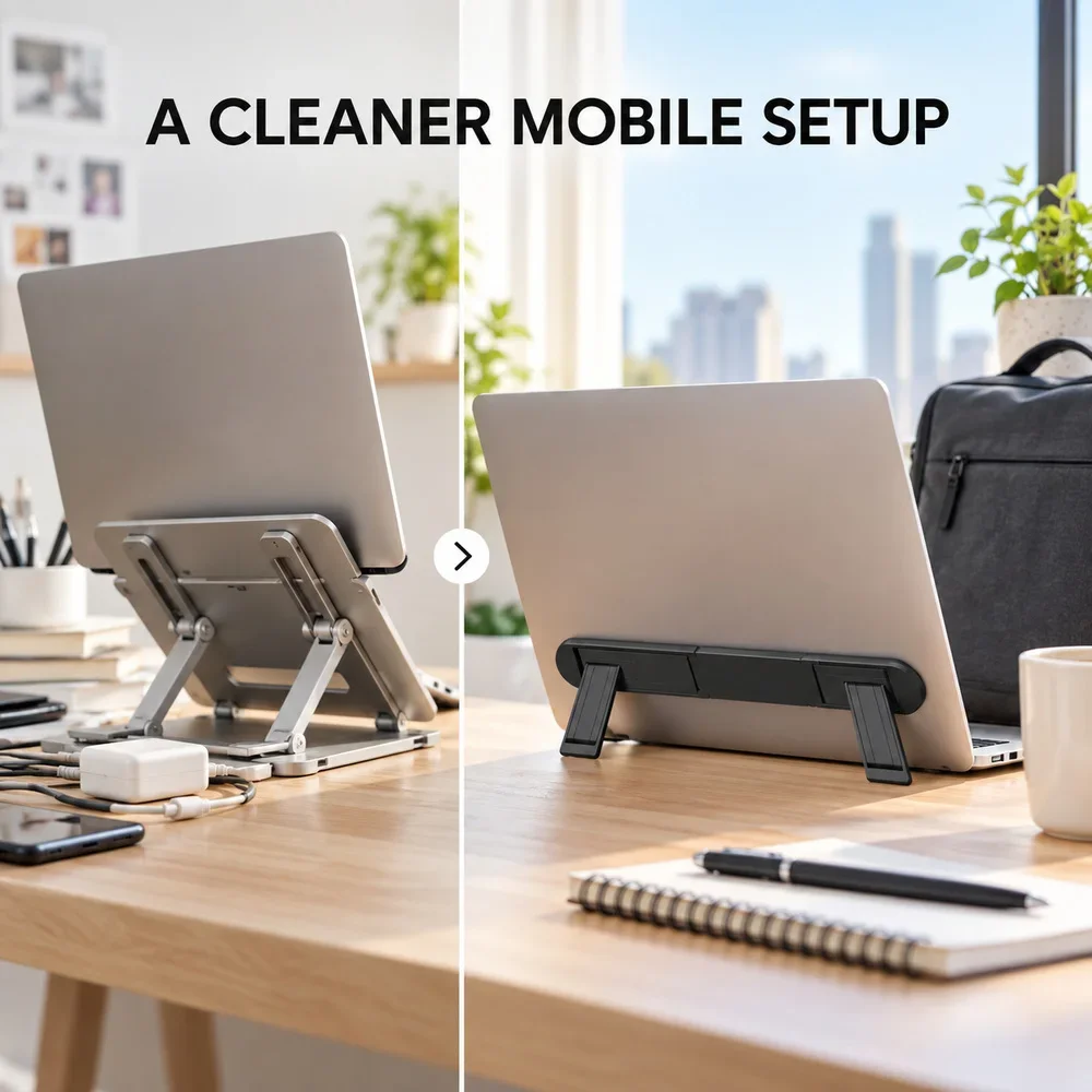 Slim Laptop Stand for Desk, Stick-On Foldable Plastic Riser, Two Adjustable Heights, Compact Travel Computer Accessory