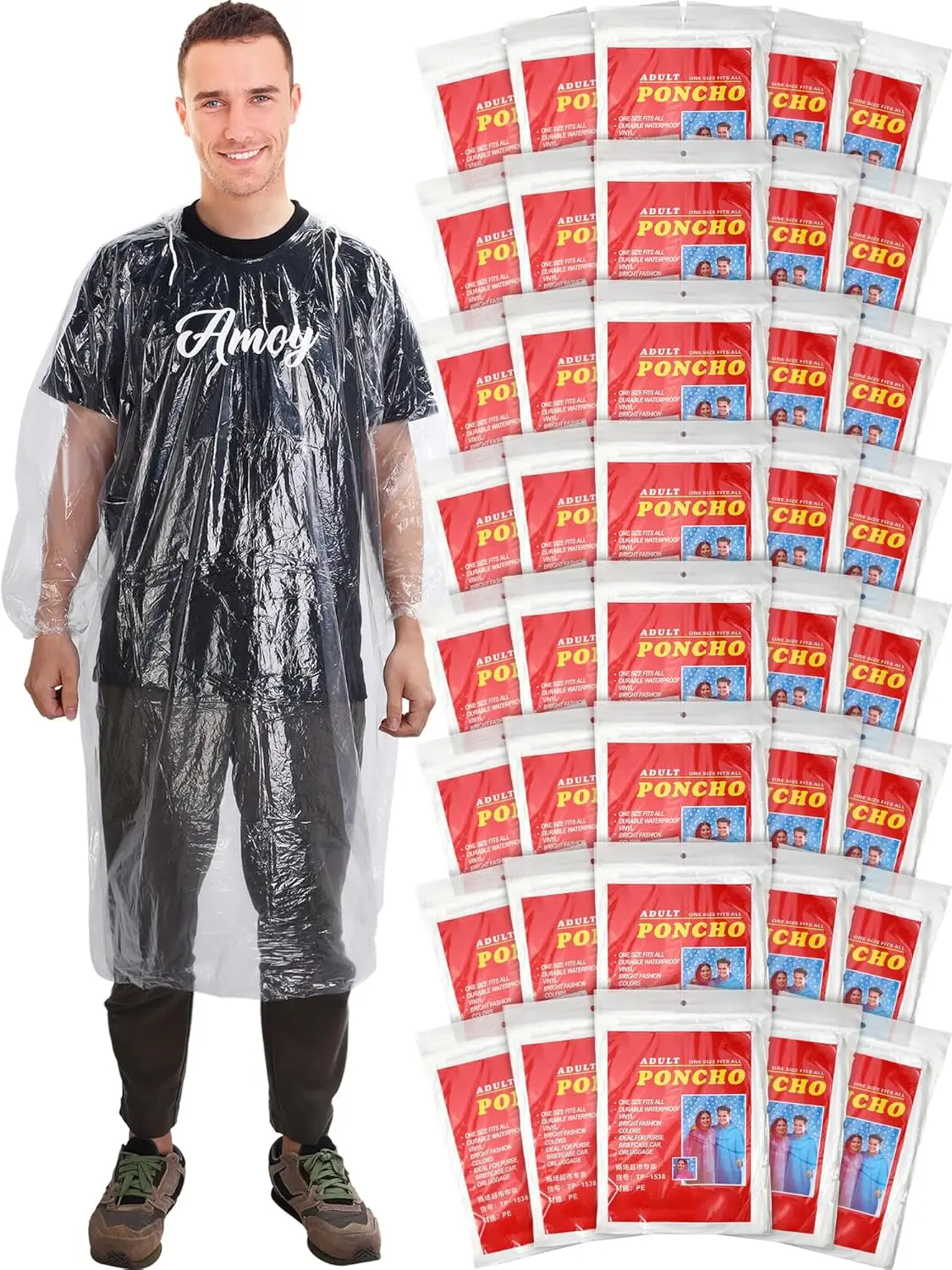 

40 Pack Disposable Rain Ponchos for Adults with Drawstring Hood and Elastic Sleeves, Emergency Raincoat for Camping and Outdoor