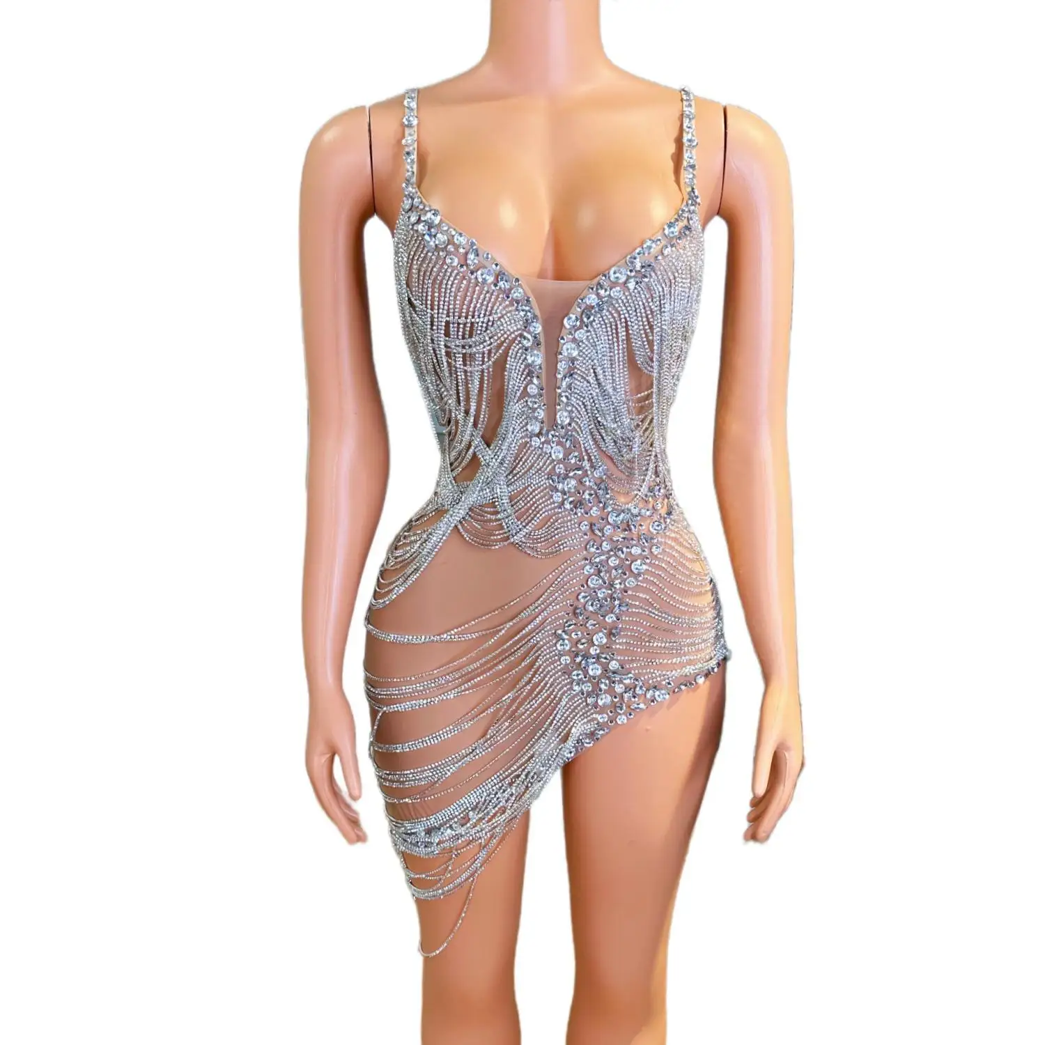 

Luobei Silver Rhinestone Fringe Embellished Sheer Mesh Asymmetrical Mini Dress for Drag Queen Stage Performances Nightclub Event