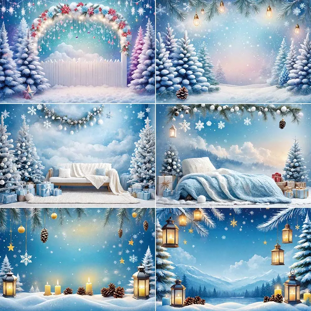 

MOON.QG Christmas Trees Snow Scene Photography Backdrops Blue Green Pine Snowflake Photo Zone Background Party Shooting props