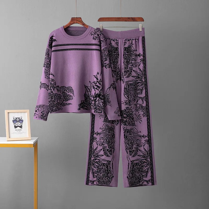 Fashion Women\'s Set Spring and Autumn New Ink Painting Long Sleeve Hoodie Sweater Loose Wide Leg Pants Knitted Two Piece Set