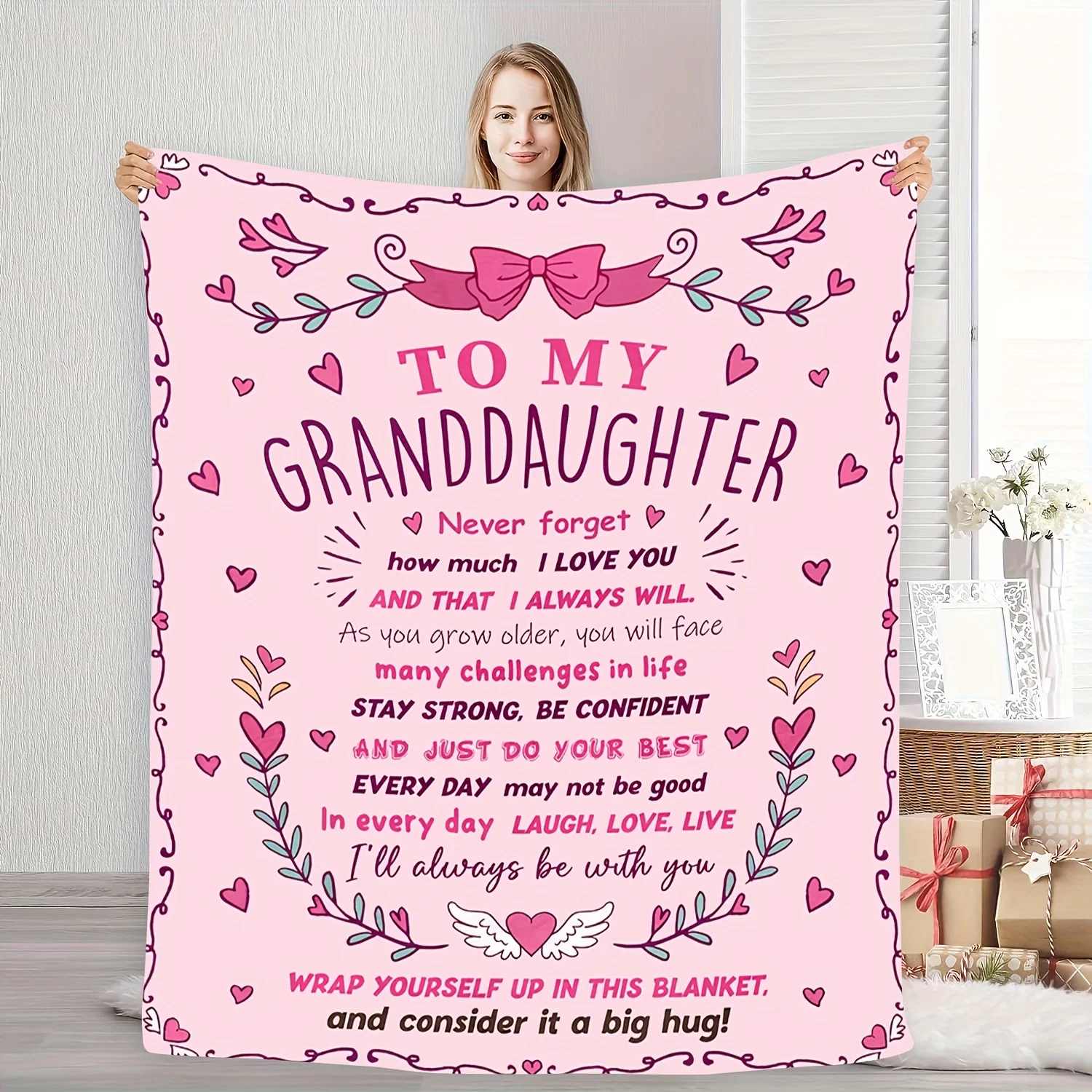 Granddaughter Gift Blanket - Soft Flannel Throw with Heartfelt Message, Pink Floral Design, Perfect for Naps, Camping, Travel &