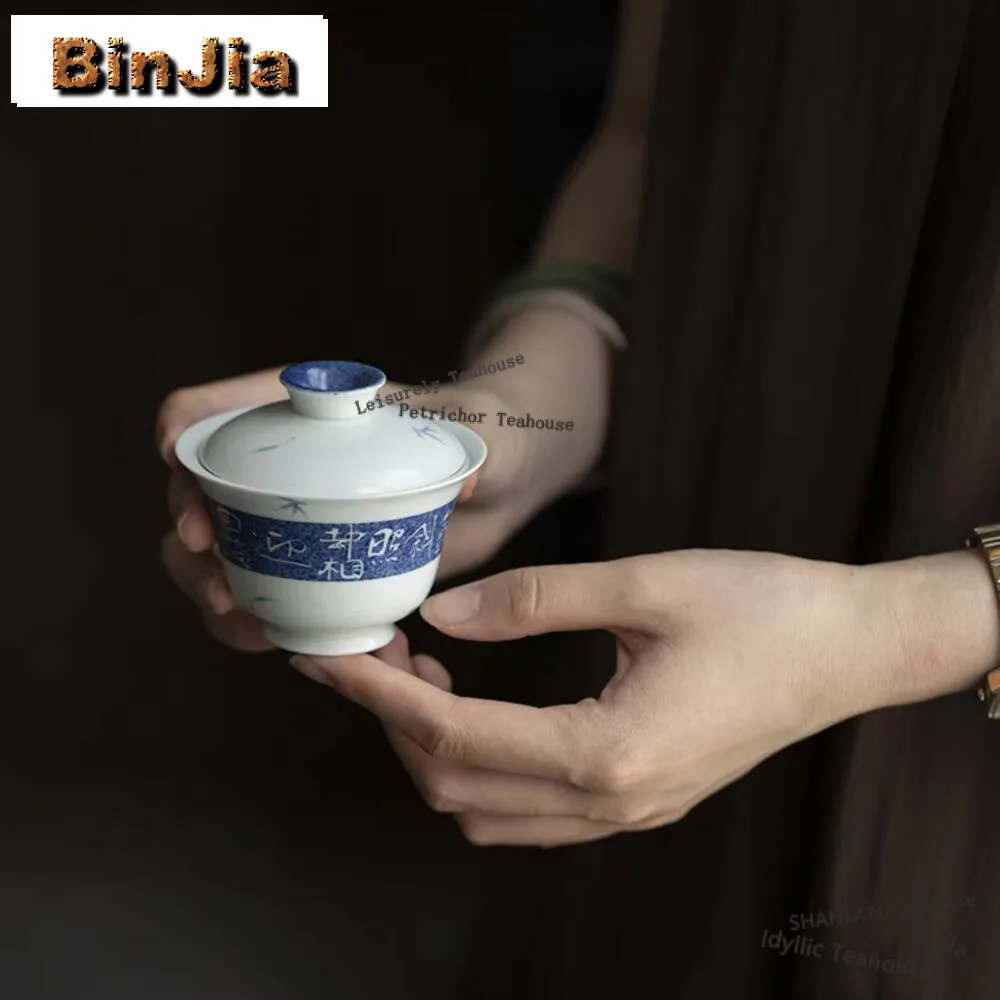 115ml Sprinkle Blue Handmade Cover Bowl Household Handwritten Poetry Gaiwan Aesthetic Tea Tureen Tea Brewing Teaware Decoration