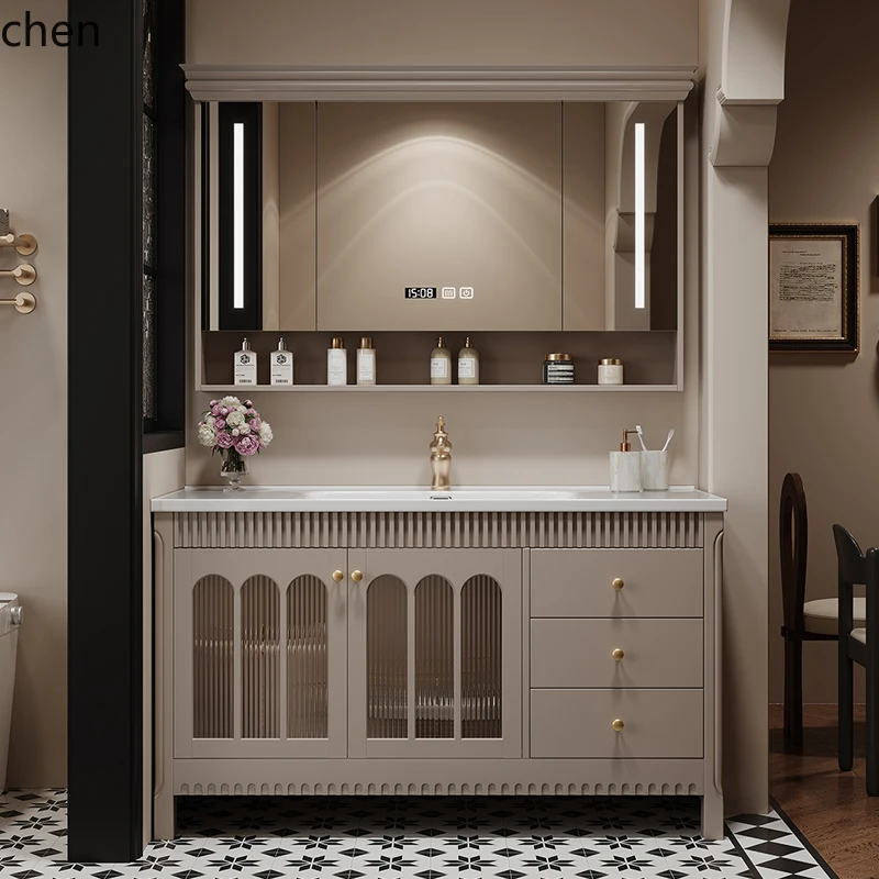 HXL bathroom cabinet combination solid wood bathroom washstand ceramic integrated basin hand washbasin cabinet floor type