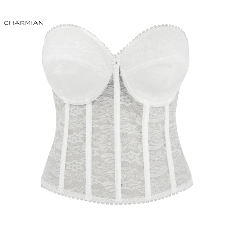 Charmian Sexy Women White Lace Bustier Corsets Bra Gothic Racer Bustiers Top Corsets and Bustier Waist Crop Cincher Bra Top