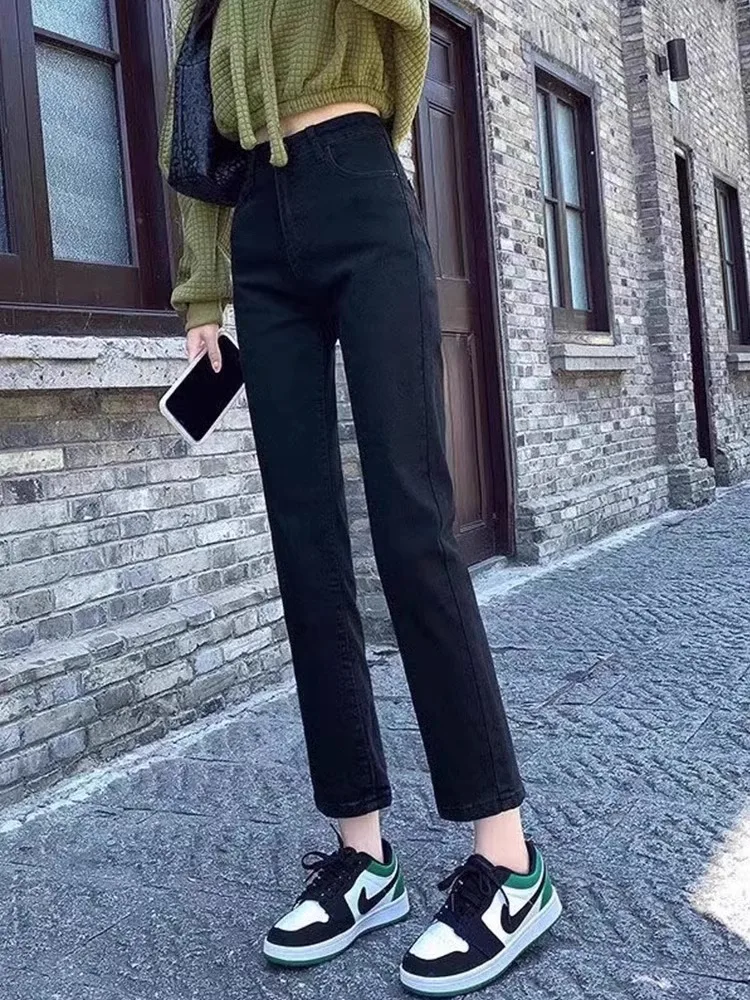 

High Waist Slimming Elastic Black Smoke Tube Jeans Women's Spring Summer Thin Straight Leg Cotton Stretch Denim Pants