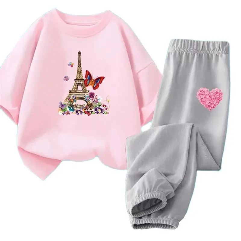 Summer Girls Fashion Clothing Sets Kids Butterfly Paris Tower Short Sleeve T-shirt +Pants Outfits Kids Cute Tracksuit