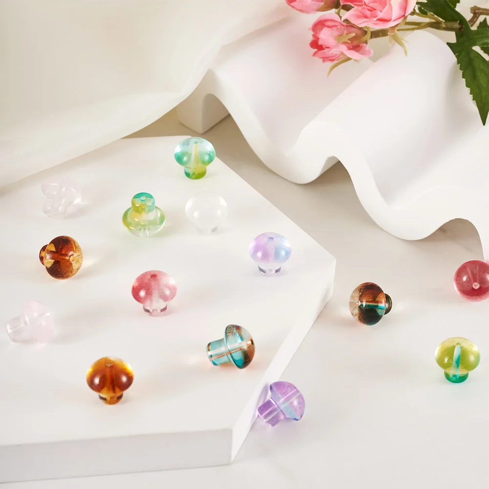 200pcs Transparent Glass Mushroom Beads 13.5x13.5mm for DIY Bracelet Earring Necklace Jewelry Making Crafts Decor Accessories