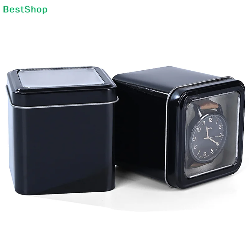 〔R〕Square Black Watch Tin Box with Clear Window, Metal Storage Case for Watch Packaging & Display