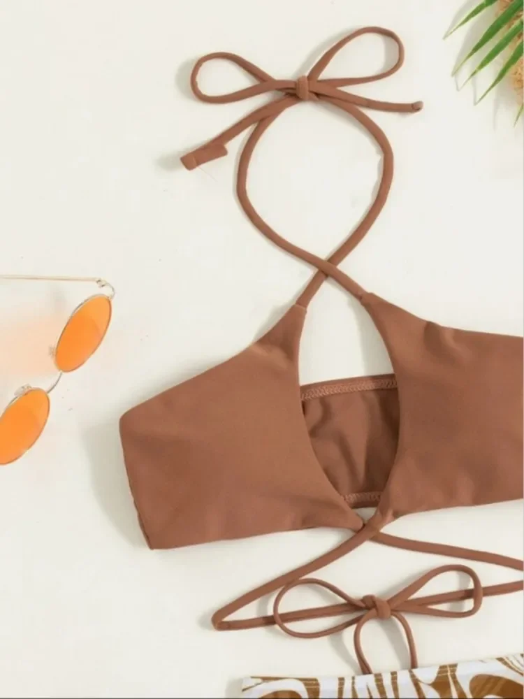 3 Pieces Criss Cross Bikinis Swimsuit Beach Skirt Cover Up Swimwear Women 2025 Brown Bathing Suit Brazilian Bikini Beachwear