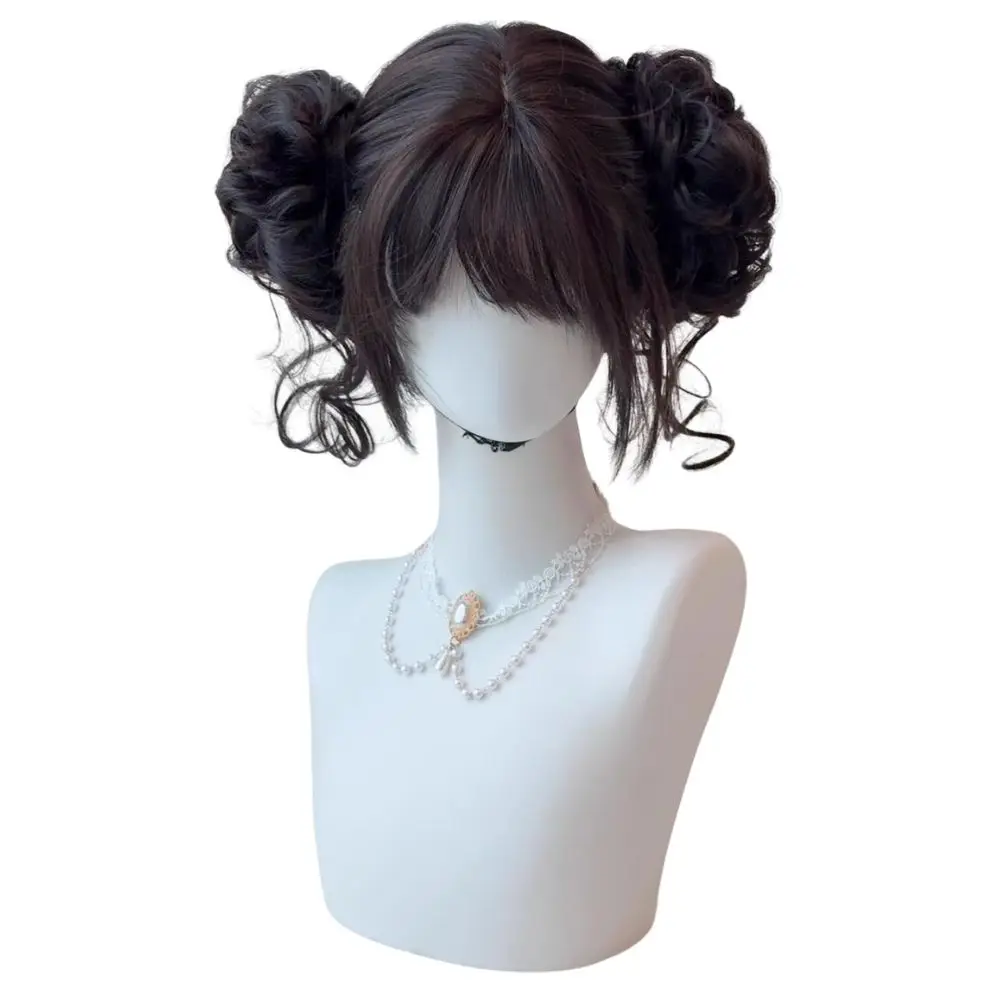Cute Double Buns Wig Cosplay Wig for Women Girls Group Idol Roleplay Short Black Wigs Fantasia Halloween Costume Accessories