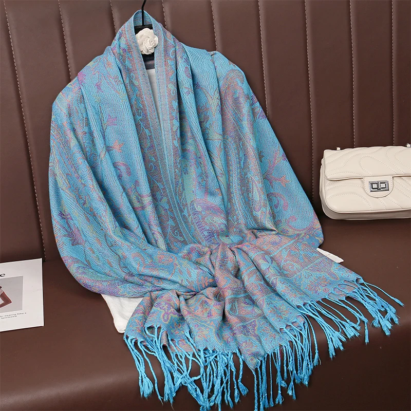 New 70x200CM Luxury Pashmina Silk Scarf Shawl Wrap Paisley Jacquard Flowers Borders Layers Reversible Classic Tassels For Women