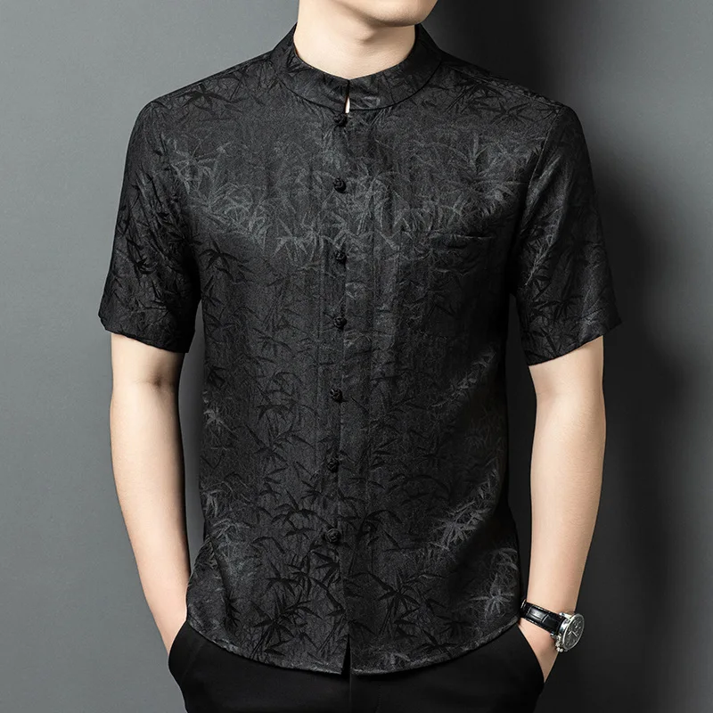

Real Silk Summer Light Luxury Gambiered Guangdong Short-Sleeved Suit Shirt Thin Loose Casual Stand Collar Chinese Style Top