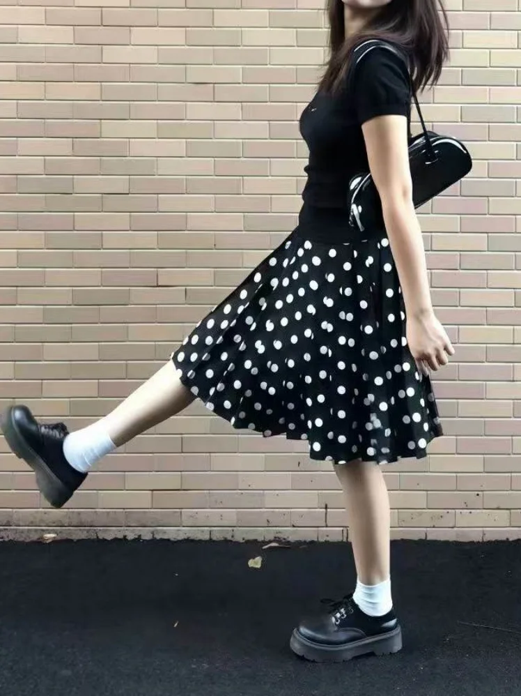 Black Polka Dot A-Line  Skirt Women's plus Size Sweet Loose Slimming Beautiful Half-length Skirt High Waist Elastic Waist