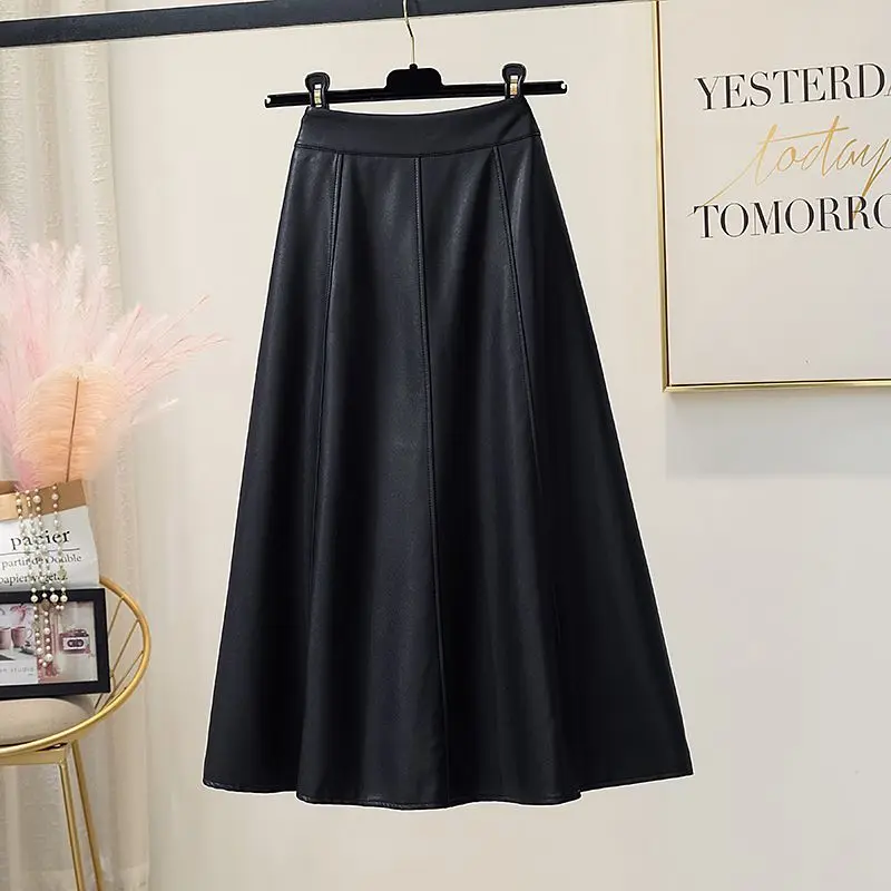 Autumn Winter Temperament A-Line Women Leather Skirt Fashionable Solid Color Bright Line Decoration Midi Skirts Female Clothing