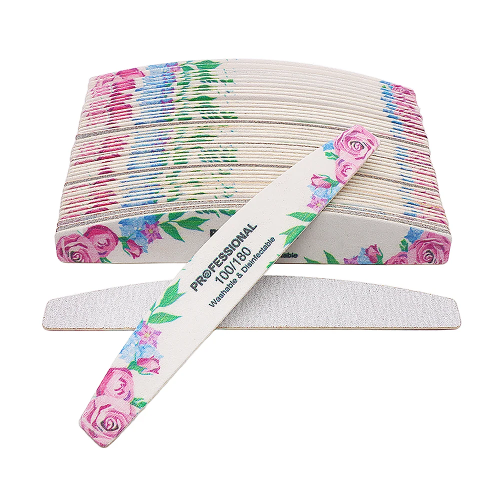 

100Pcs Professional Nail Files Printed Rose Double Sided Washable Nail Files And Buffers 100/180 Grit Sandpaper Manicure Tools