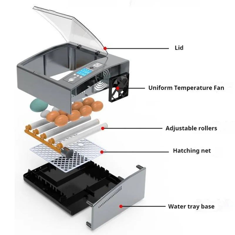 حاضنة بيض ذكية صغيرة للاستخدام المنزلي التلقائي بالكامل لبيض السمان والدجاج والبط والأوز مع كاندلر مزدوج القوة باللون الرمادي