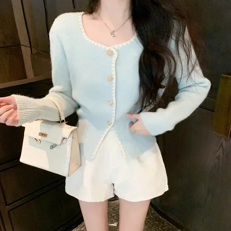 Ezgaga Elegant Knitted Cardigan Women Square Collar Long Sleeve Single Breasted Autumn Winter Outwear Sweater Female Chic