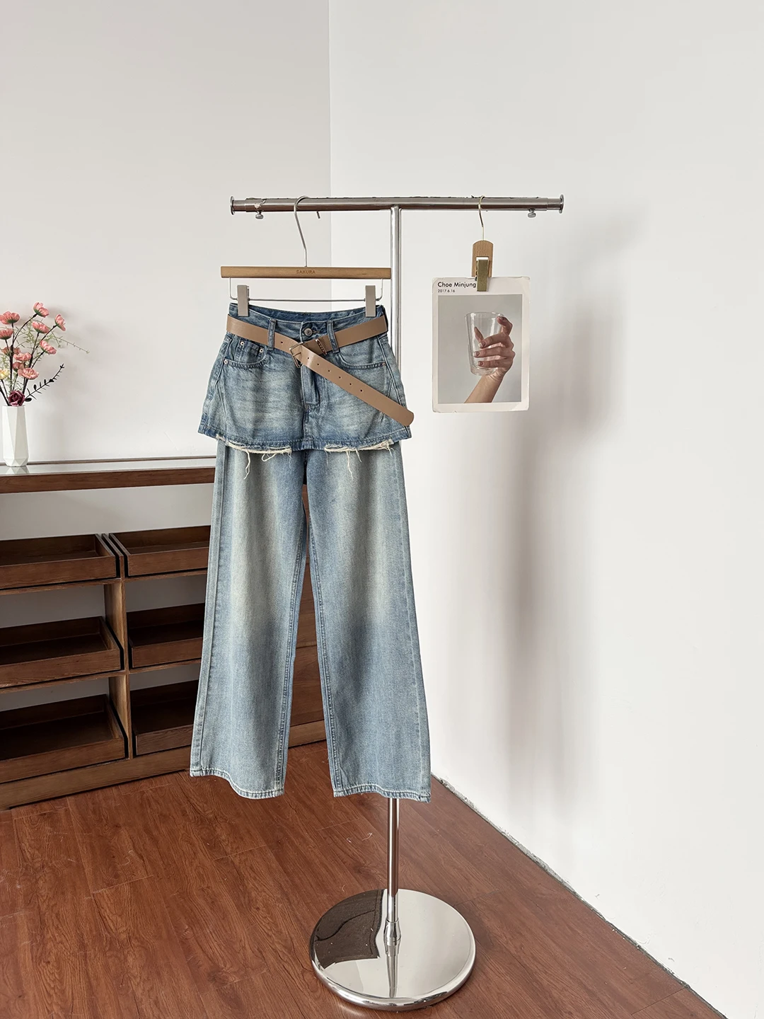 

Spring Summer 2026 High Waist Wide Leg Jeans Women's Retro Patchwork Design Sensation Fake Two-Piece Bum Curtain Denim Pants